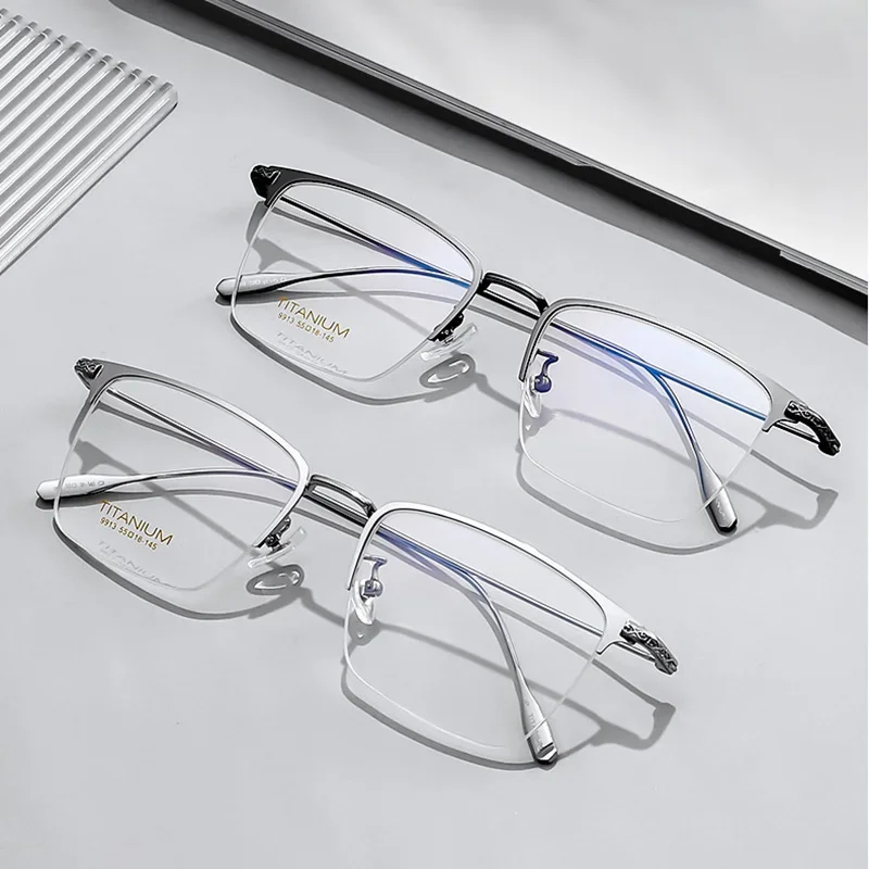 

153mm Titanium Myopia Glasses Male Vintage Half Rim Eyeglasses Frame Men Oversized Prescription Glasses Spectacles -125 175 200