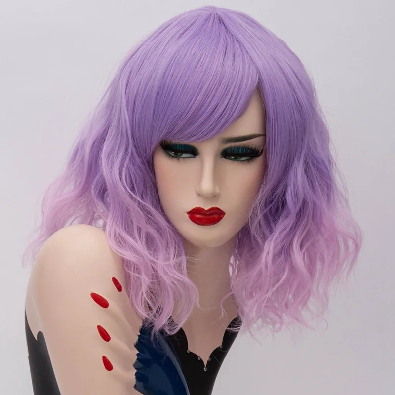 MSIWIGS Due Toni Brevi Cosplay Parrucche per Le Donne di Colore Rosa Bianco Ondulato Ombre Parrucca con la Frangetta Ombre Viola Capelli Sintetici