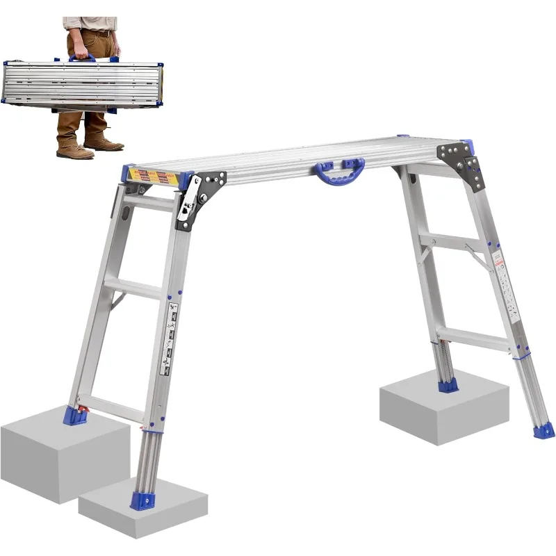 Work Platform 40"x 12"Folding 2-Steps Aluminum Step Ladder, All Legs Adjustable Height 27.5" To 37", Heavy Duty 330 Lbs Rated