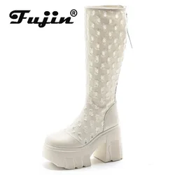 Fujin 11cm Denim Synthetic Platform Wedge Summer Women Ankle Knee High Booties Fashion Clip Toe Hollow ZIP Leisure Sandals Shoes