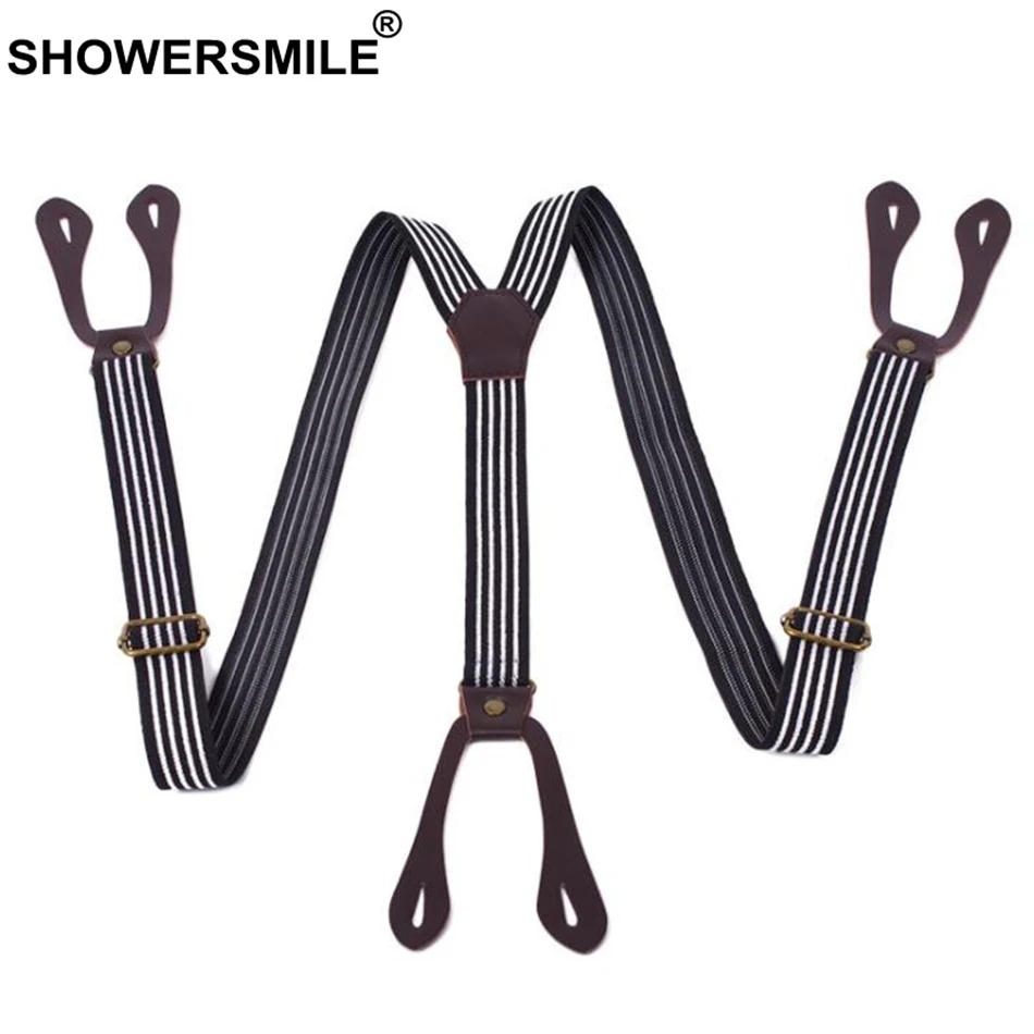 Showersmile Tombol Suspender Pria Kawat Gigi Bergaris Kopi Y Back Adjustable Pria Wanita Suspender Inggris Vintage Celana Tali