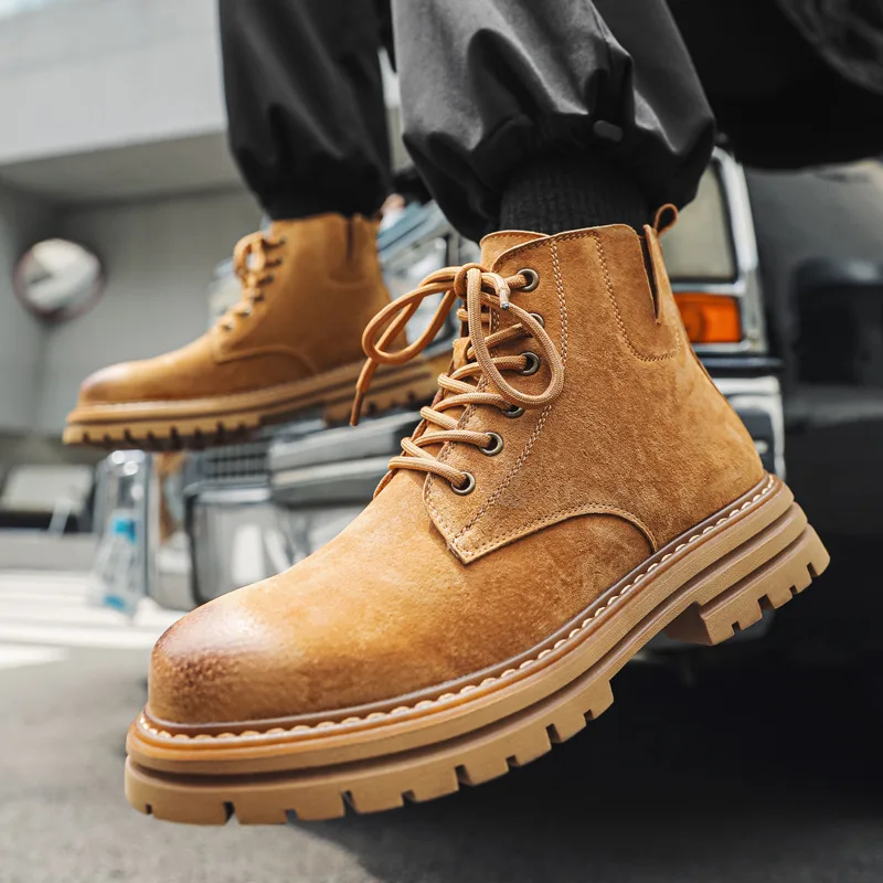

British style men leisure desert boots breathable cow suede leather shoes vintage cowboy platform boot work ankle botas hombre
