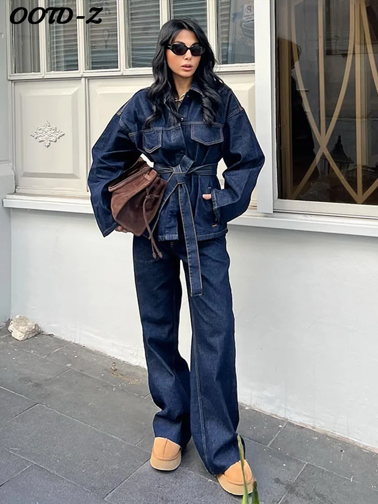 

Женский комплект из двух предметов, комплекты джинсовых брюк, однобортное пальто с длинным рукавом и поясом, широкие брюки, джинсы, женские комплекты из 2 предметов