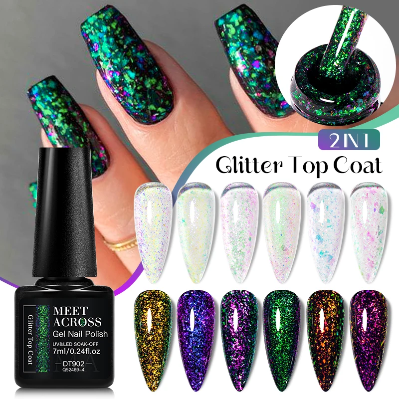 MEET ACROSS 7ml Glitter Top Coat For Manicure 2 IN 1 Transparent Glitter Gel Need Black Base Gel Soak Off UV Gel Polish Nail Art