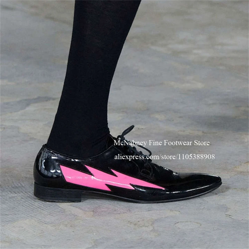 

Matte Leather Dress Shoes with Pink Lightning Bolt Design Pointed Toe Lace Up Formal Shoes for Men Party Footwear Spring Autumn