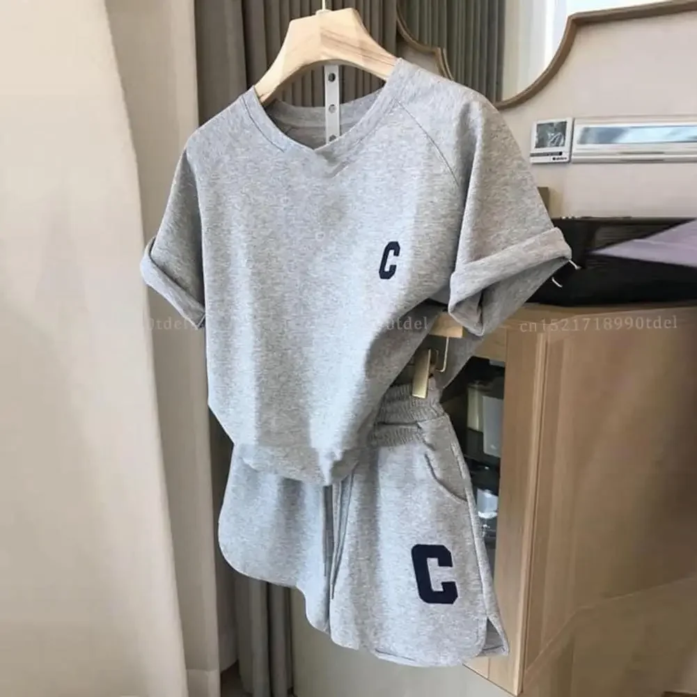 Top e Shorts Confortável na Moda Conjunto para Mulheres, Bolsos, Altura Acima do Joelho, T-Shirt Feminina, Roupa Diária, 2 peças por Conjunto