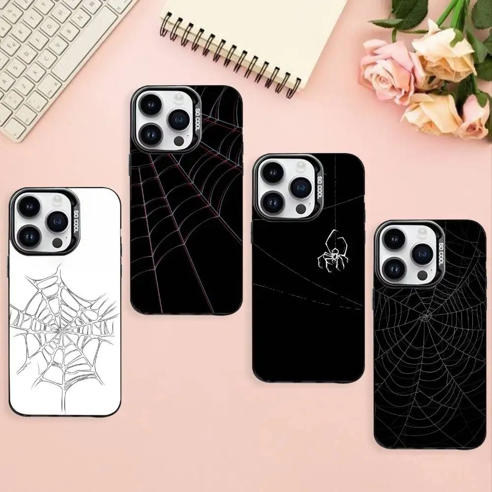 

Spider web pattern Phone Case For iPhone17,16,15,14,13,12,11 Plus,Pro Max Black Border Silver Plated Cover