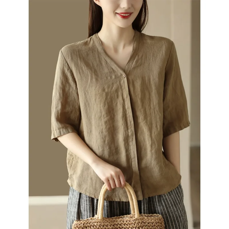 

Vintage Sand Washed Linen V-neck Top with Mid-sleeve Loose Casual Cardigan Shirt