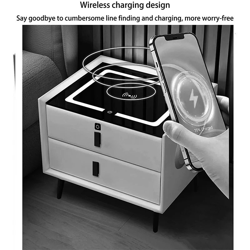 Smart Bedside Table Bedroom Storage Cabinet Modern Wireless LED USB Charging White Multifunctional Nightstand Furniture HY50BT