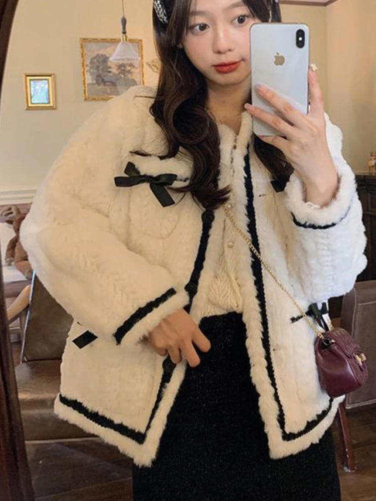 Winter Lambwool Jacket Women Korean Fashion Bow Patchwork Coat Female Casual Sweet Long Sleeve Single Breasted Fluffy Overcoat