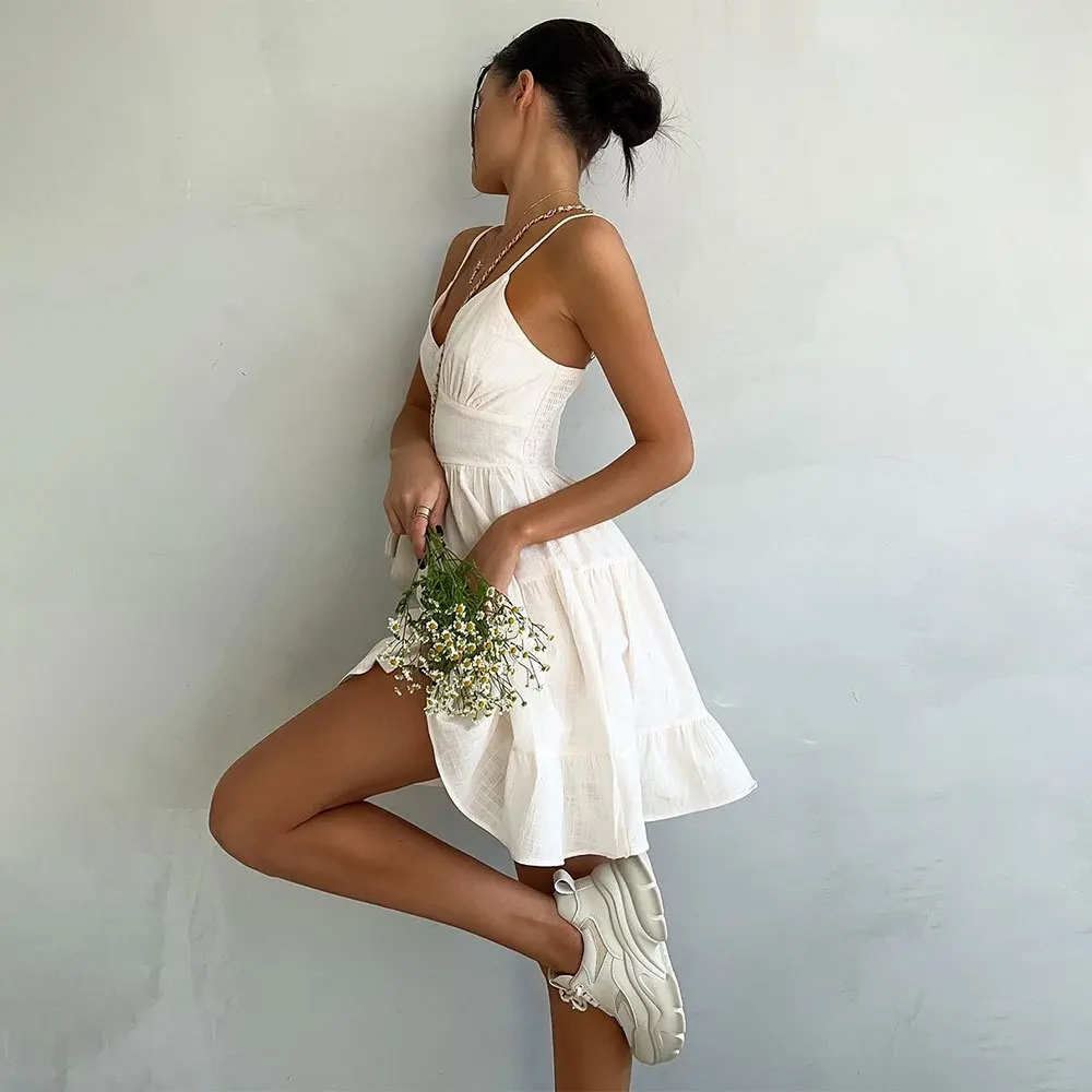 French Style Summer Spaghetti Mini Dress Boho Women 100% Cotton Beige Sleeveless Backless Vocation Hotsweet Sexy Dresses New