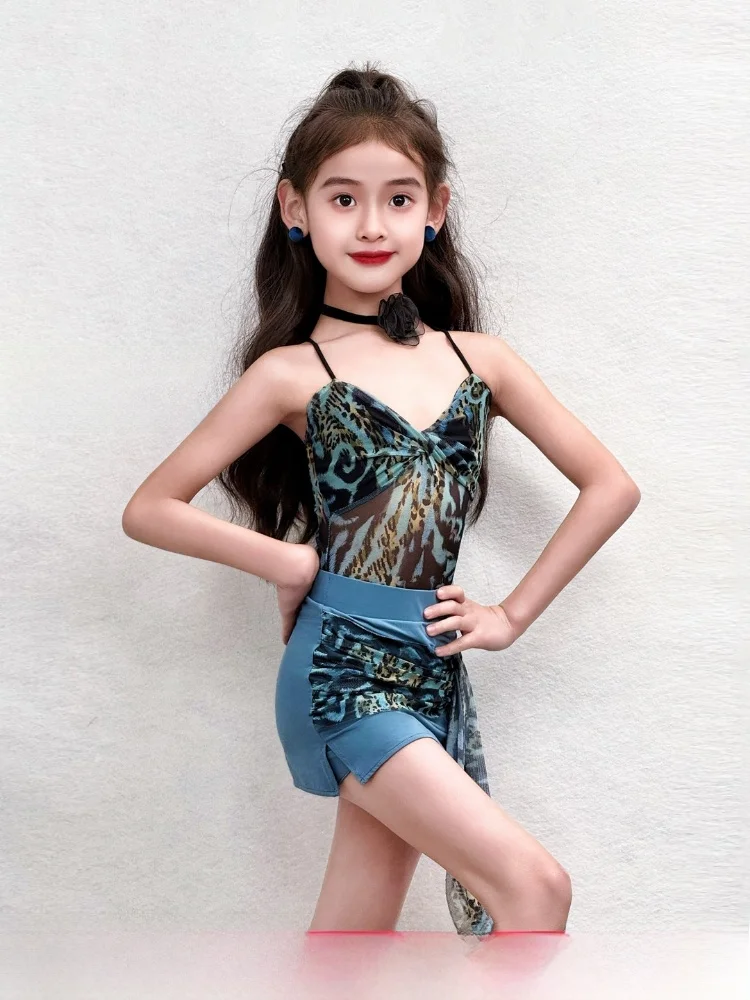 女の子用ラテンダンス衣装-子供用パフォーマンス練習着-トップスとスカートのセパレートセット-vネック-ノースリーブ-取り外し可能なパッド