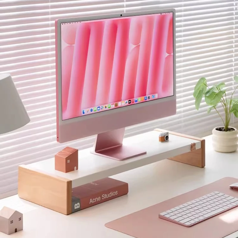 

Carbon Steel & Solid Wood Monitor Stand Ergonomic Office Desk Organizer Compact Computer Screen Elevator Shelf for Workspace