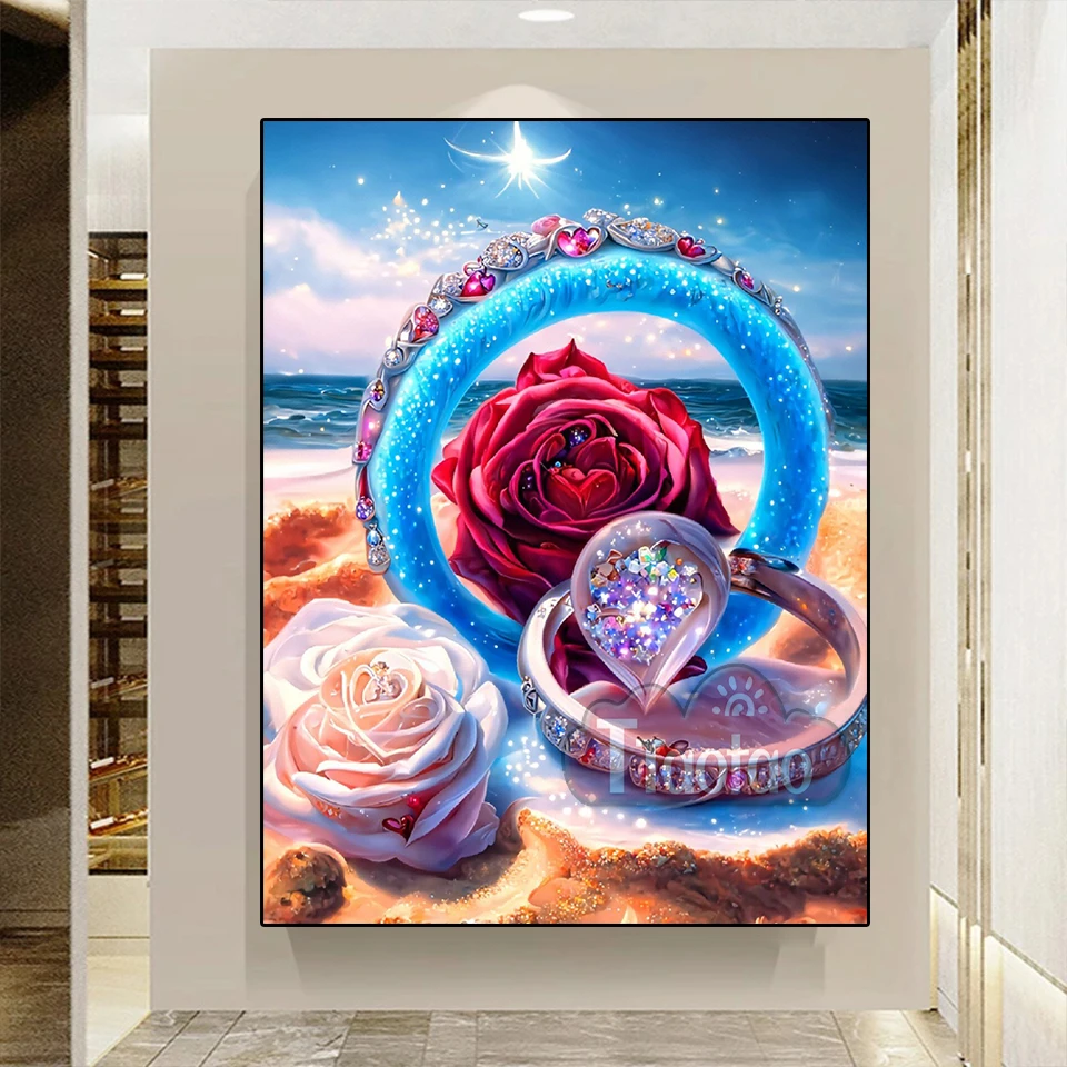 5D Diamond Painting Romantic Diamond Ring Love Heart Handmade Full Square /Round Embroidery Mosaic Beach Rose Landscape Decor