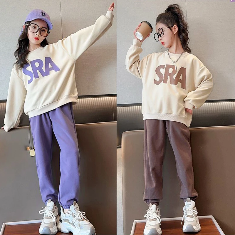 

5-14 Years New Spring Autumn Girls Clothing Set Fashion Letter Sweatshirt + Pants 2Pcs Suit For Kids Children Birthday Present