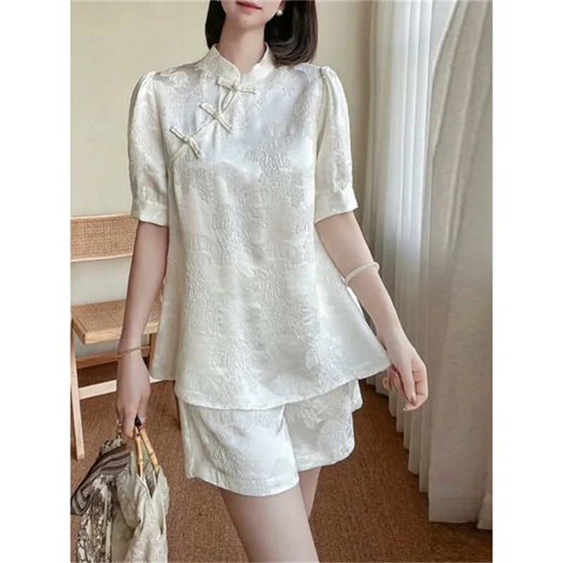 Summer Chinese Jacquard Satin Shorts Suits Women Frog Buttons Blouse + Elastic Waist Shorts 2-Piece Set Outfits