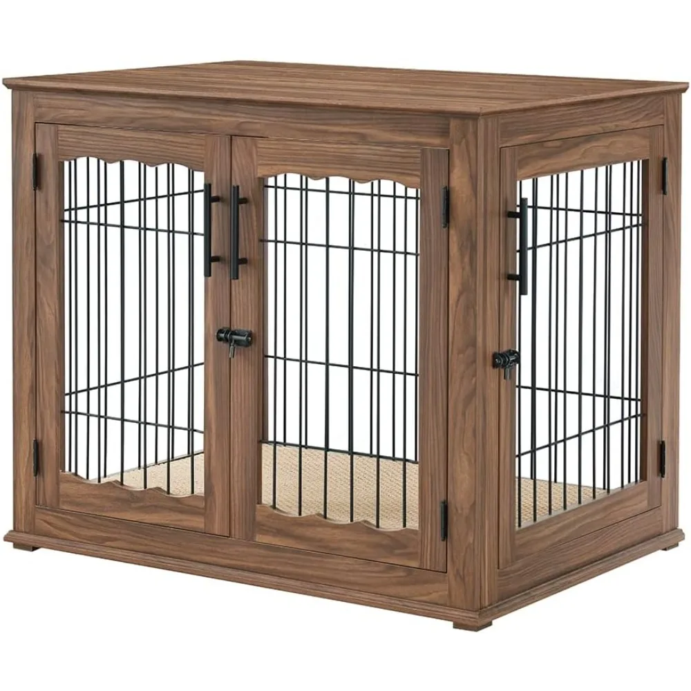 

Furniture Style Dog Crate End Table, Double Doors Wooden Wire Dog Kennel with Pet Bed, Decorative Pet Crate Dog House I