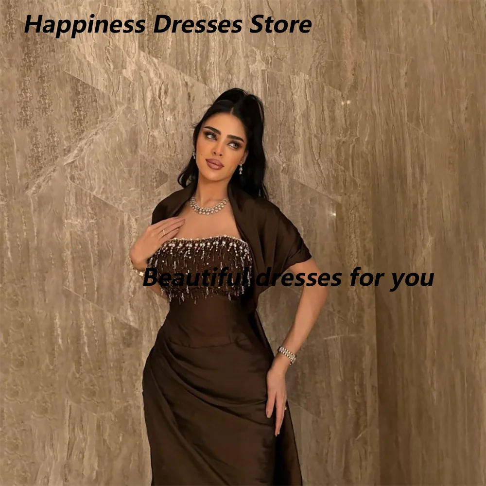 Zeemeermin avondjurk met sjaal kristal strapless satijn luxe avondjurken bruin Saoedi-Arabische formele feestjurk op maat