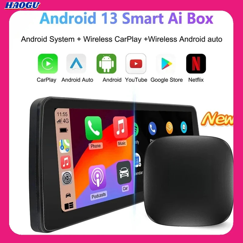 

Haogu Android 13 2024 AI box 4in1 Wireless CarPlay auto adapter 2 16G Car Video Fast Connect plug and play accessories