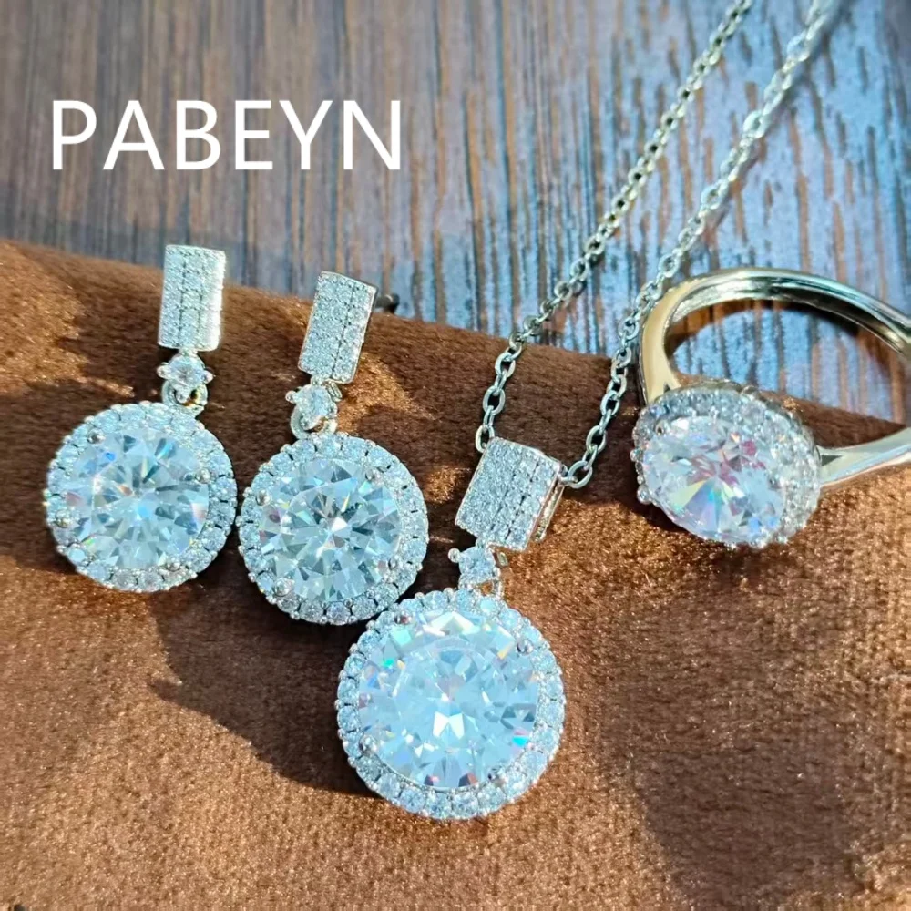 925 Sterling Silver Fashion Luxury Princess Round Bag Earrings Ring Pendant Necklace Three Piece Set Birthday Anniversary Gift