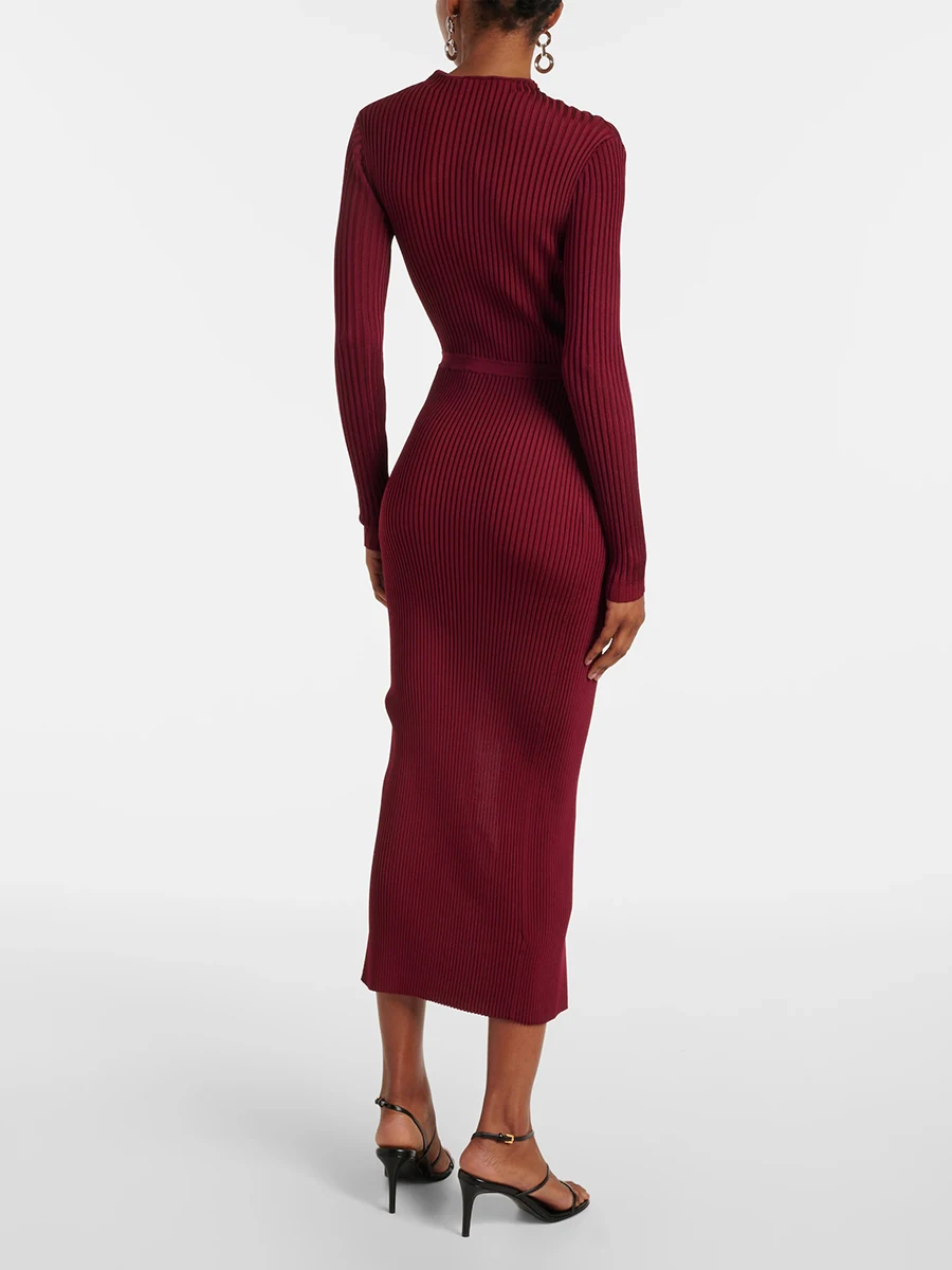 Vgh sólido emendado recorte tricô midi vestidos para mulheres em torno do pescoço manga longa cintura alta emagrecimento temperamento vestido feminino novo