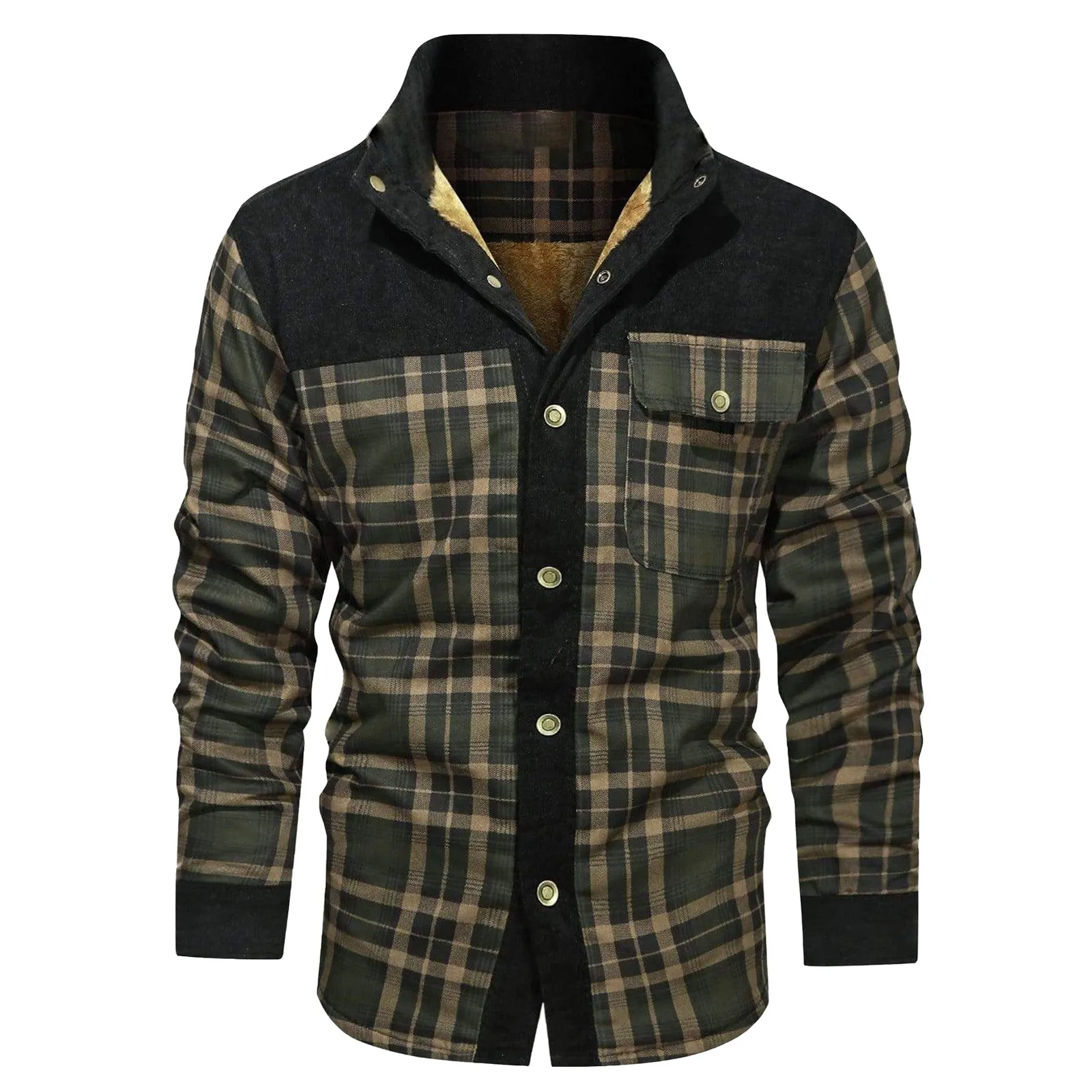 Men's Winter Wool Lined Flannel Plaid Shirt Jacket With Button Hooded Long Sleeved Jacket Men Sweaters Coats