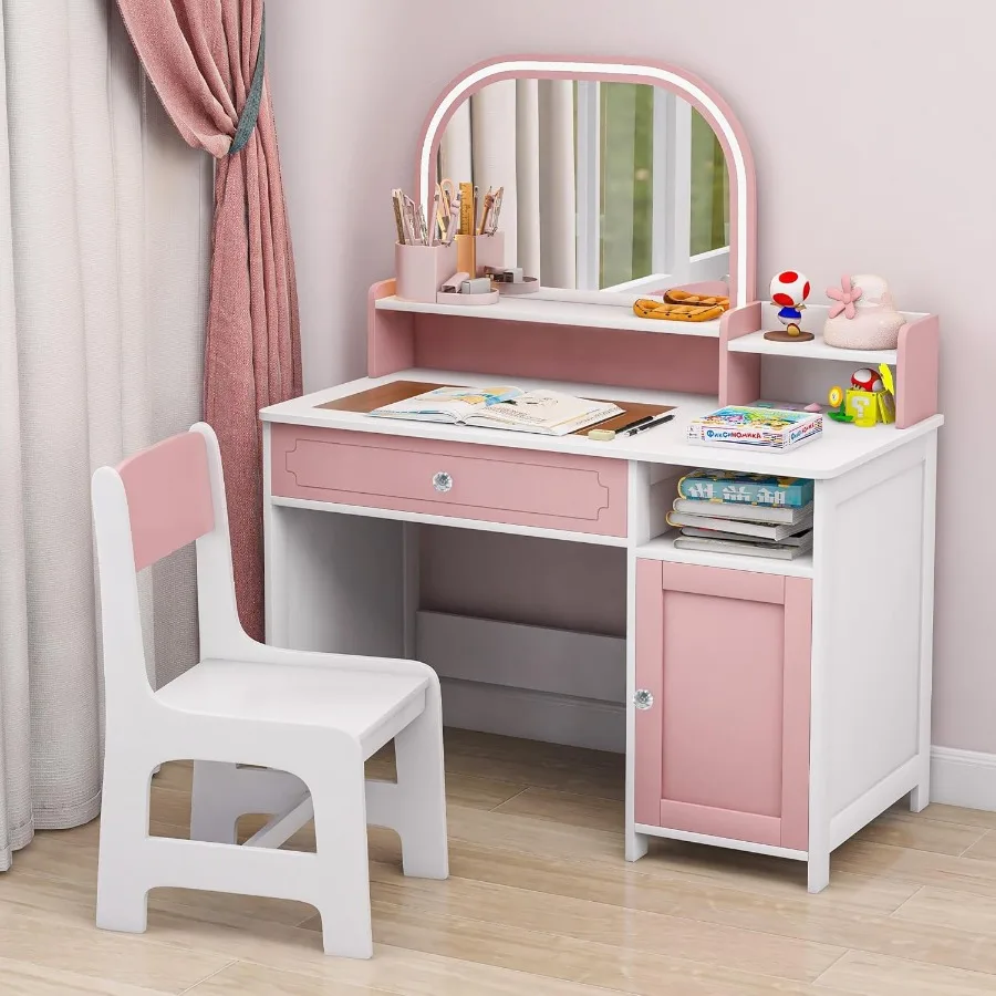 

Study Desk and Chair Set with Mirror and Light Wooden 's Study Table with Hutch Small Writing Desk for Girls Pink Ideal for Hom