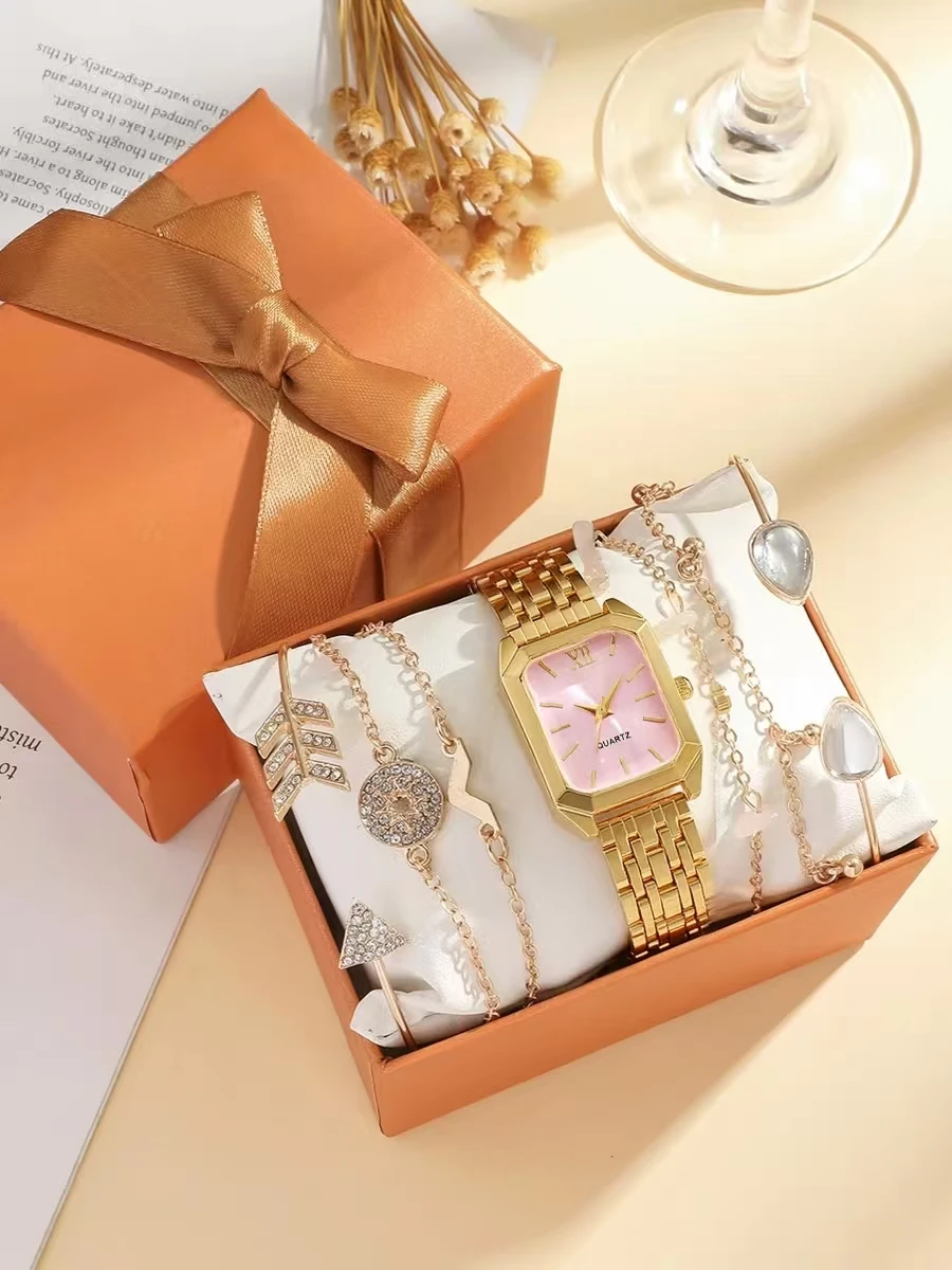 مجموعة أساور كوارتز نسائية عصرية وبسيطة ومتعددة الاستخدامات وسوار فولاذي مربع الشكل مكونة من 7 قطع، مناسبة لعيد الميلاد وعيد الشكر #2