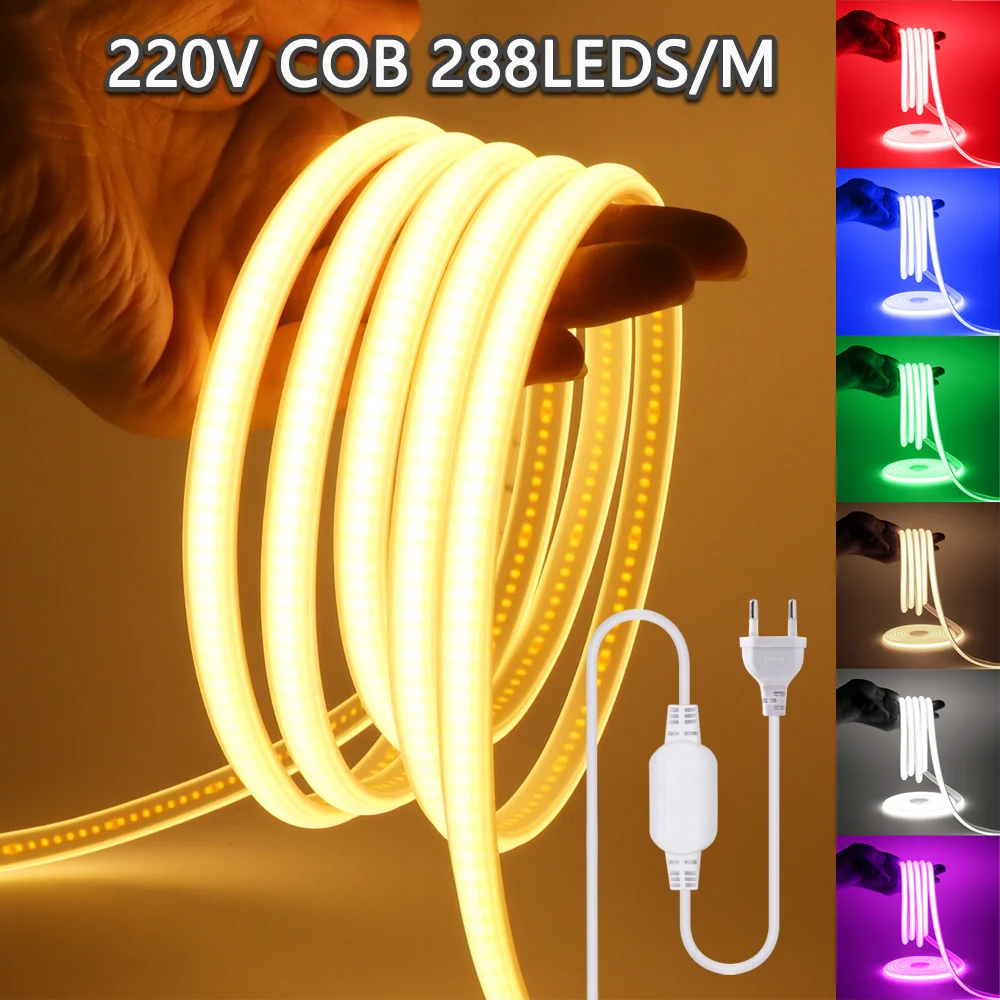 220V LED COB Neon Strip 288Leds/M EU Plug Waterproof Outdoor Linear Lighting White Red Blue Pink Yellow Flexible Ribbon Tape