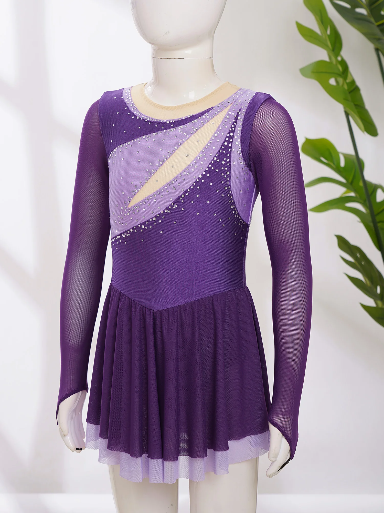 Vestido de Collant Feminino, Bloco de Cor Dancewear, Strass Brilhante, Malha Pura, Manga Longa, Vestidos de Patinação Artística