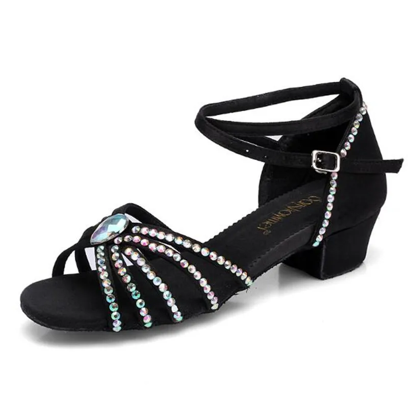 Sandalias con diamantes de imitación para niña y mujer, zapatos de baile latino profesional, zapatos de baile de salón, tacón bajo