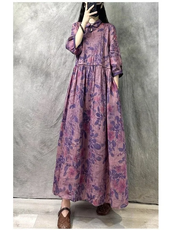 فستان نسائي طويل مطبوع على الطراز الصيني الجديد ذو الاتجاه الوطني من القنب ذو تصميم مثير للصيف من قطعة واحدة