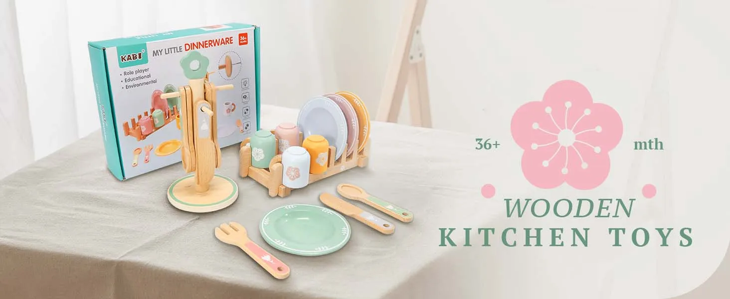 Hölzerne Küche, Rollenspiel-Set, Montessori-Simulationsplatten, Geschirr, Zubehör, Küchenspielset, Spielzeug für Kleinkinder, Geschenke ab 3 Jahren – Detail 1