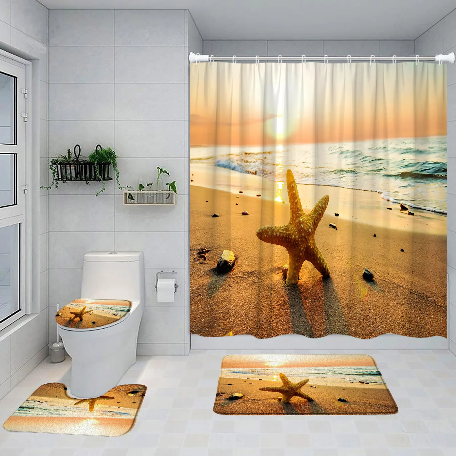 Island Beach Shower Curtain Set Tropical Coconut Tree Green Plants Ocean Nature Landscape Bathroom Decor Bath Mats Toilet Cover