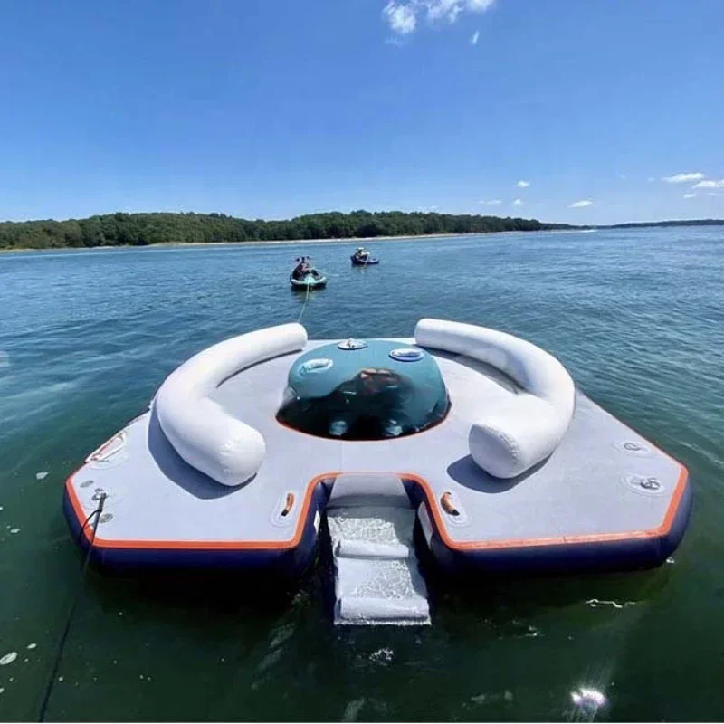 Outdoor Summer Lake Inflatable Island Floating Lounge Water Park Jet Ski Dock Floats Platform With Ladder