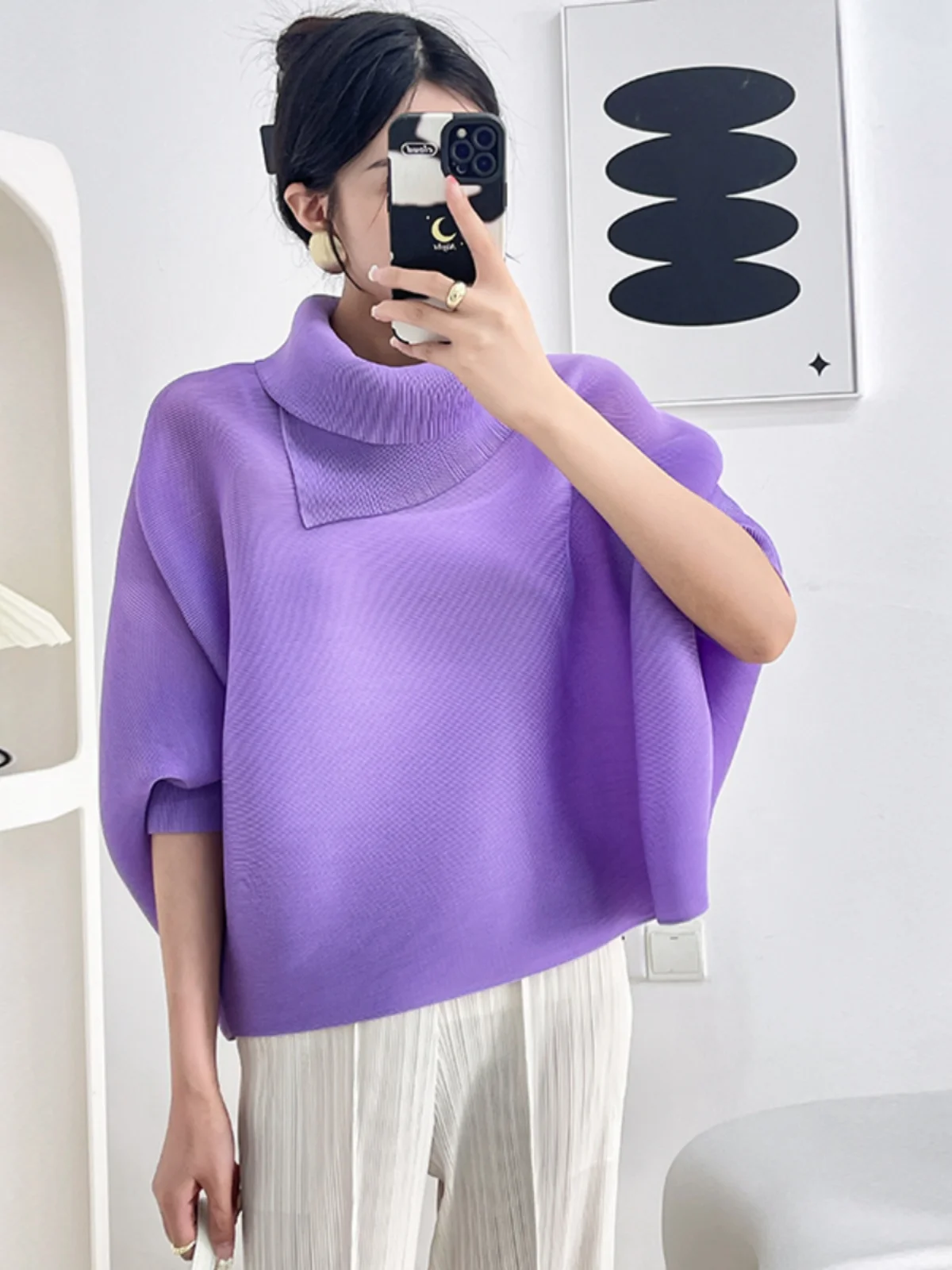 Cseta com Manga Larga Estilo Batwing, Gola Psada, Csa Básica, Design em Cor Sólida, Moda Fena Primavera Outono, ...