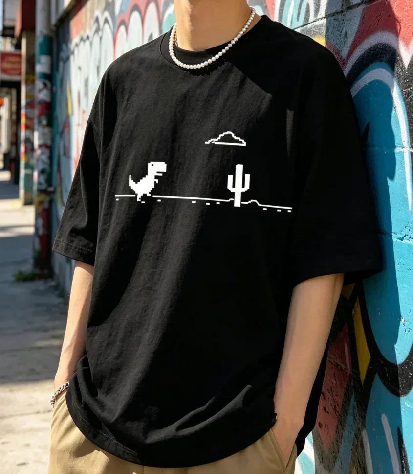 Mosaic Game Cactus Little Dinosaur Men T-Shirts Creativity Street Funny Short Sleeve Casual All-math Mans Clothing T-Shirt