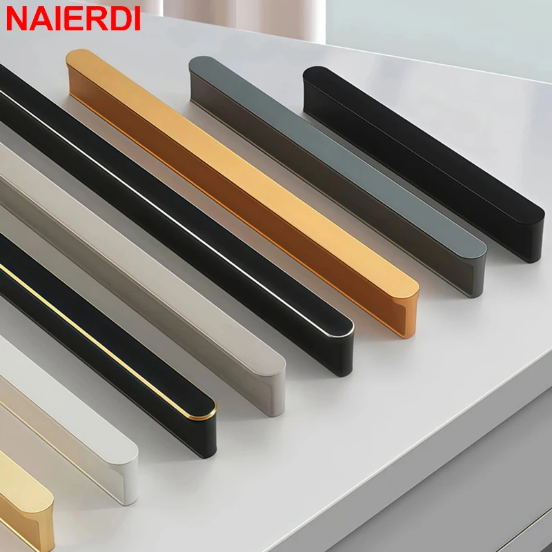 NAIERDI Round Head T Bar Cabinet Handle Black Silver Edge Aluminum Alloy Wardrobe Pull Modern Long Furniture Handle