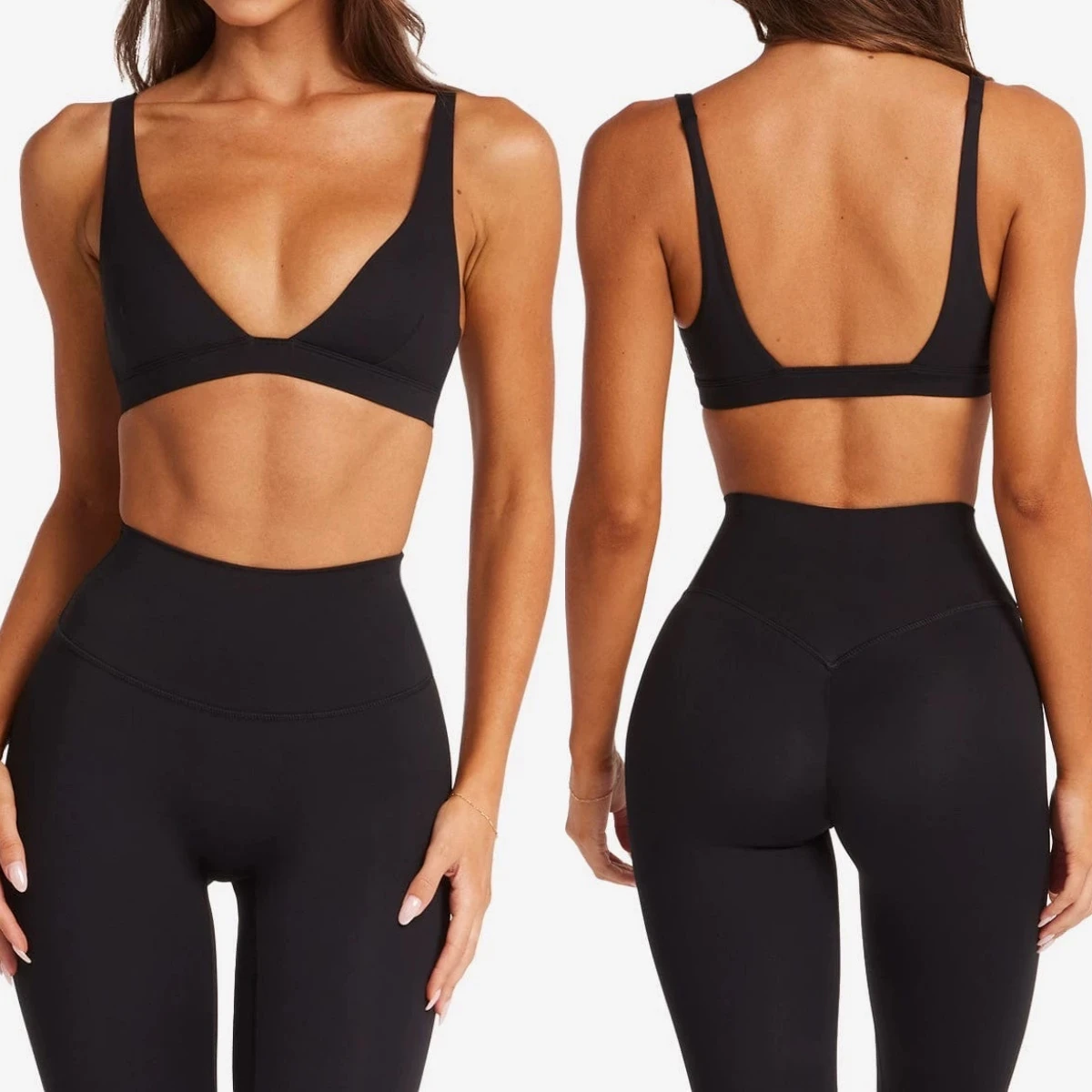 Women 2Pcs Yoga Set Deep V Neck U Back Sports Bra High Waist Biker Shorts Naked Soft Fabric Workout Fitness Activewear Gym Set