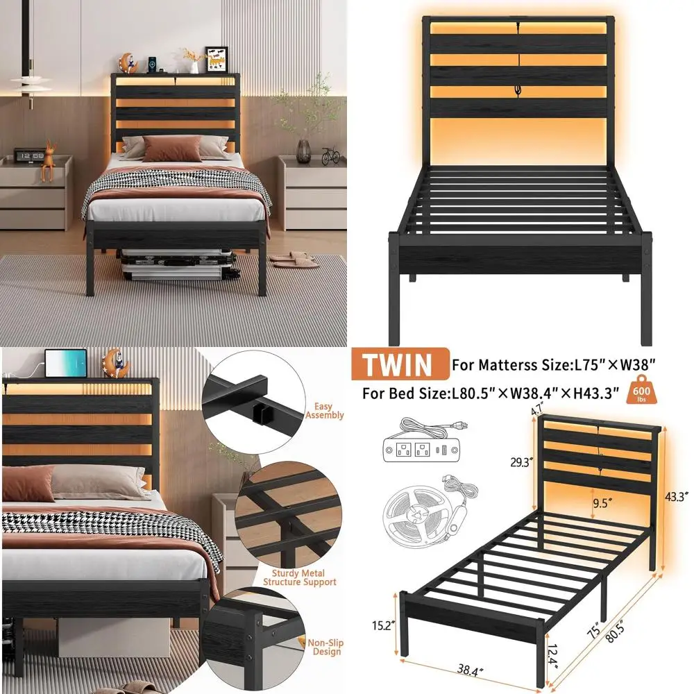 

Twin-Size Bed with USB Ports, LED Lighting, Wooden Storage, Metal Frame, No Box Spring Required, Quiet Design