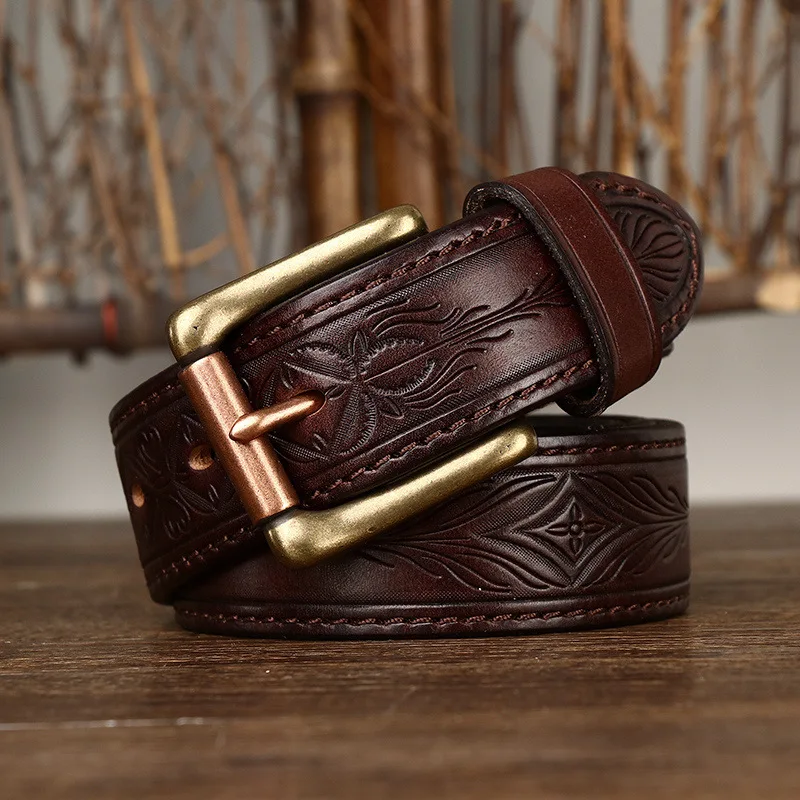 3.8CM Pure Cowhide Genuine Leather Retro Fashion Personality Embossed Belts for Men Luxury Brand Design Male Copper Buckle Belts