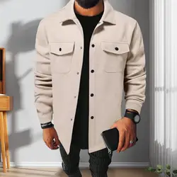 Men Autumn Winter Solid Color Shirt Lapel Long Sleeve Flap Pockets Jacket Coat Single Breasted Loose Fit Casual Tops