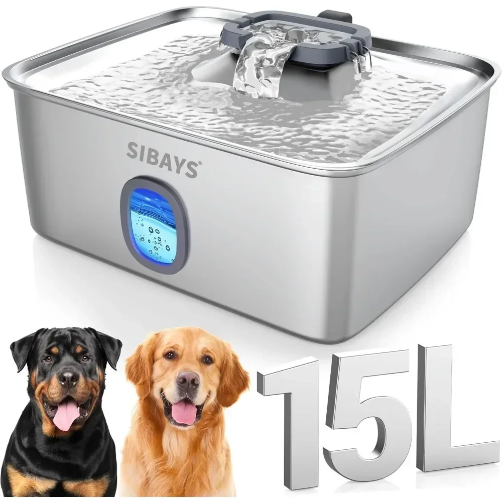 

15L large dog water fountain, stainless steel with LED light, ultra quiet automatic dispenser for multi-pet.