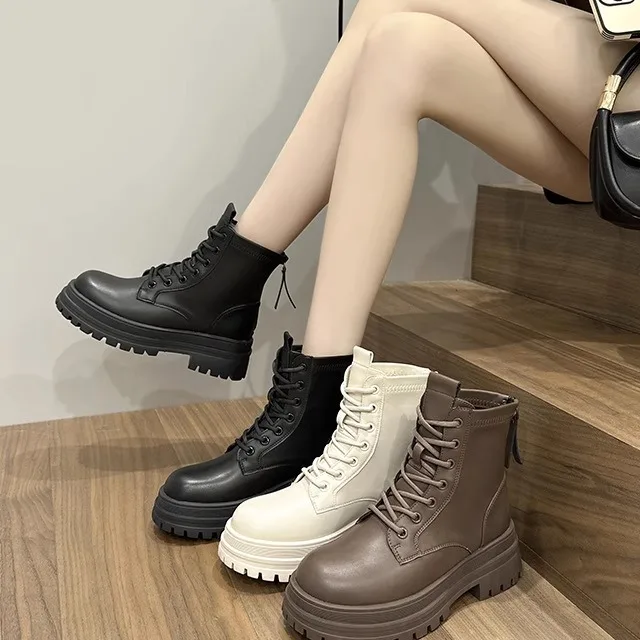 

Women's Boots Thick Bottom Zipper Back Leather Casual Slim Booties High Top Rubber Sole round Toe mid Heel Boots