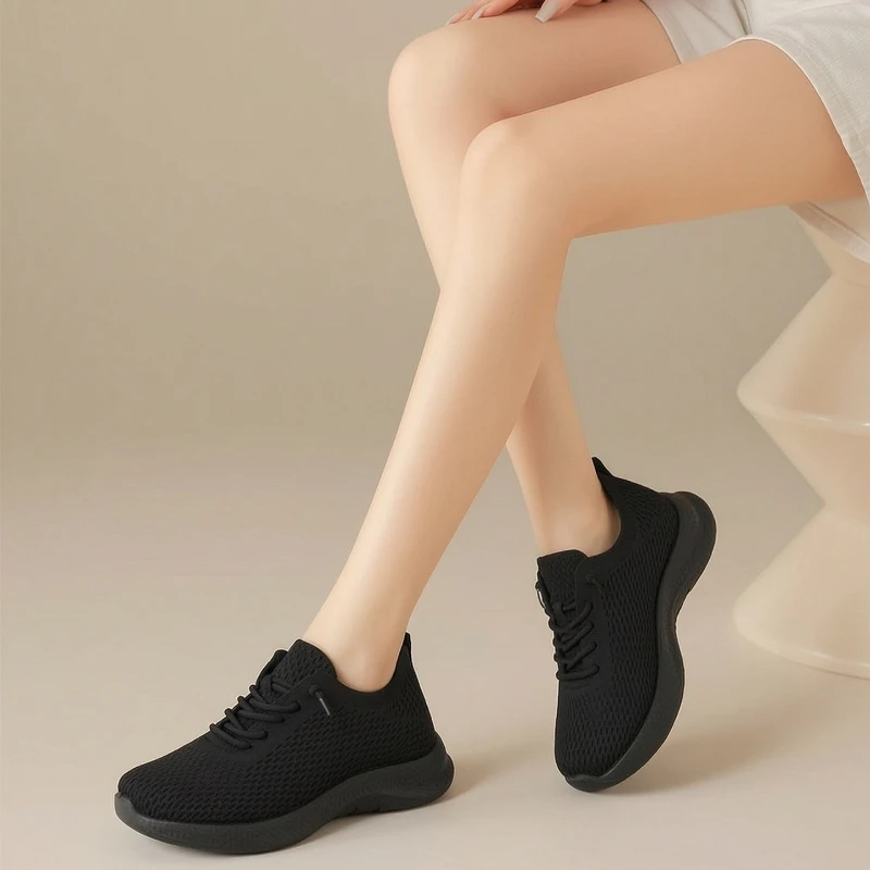 Summer Ladies Breathable Mesh Walking Shoes Non Slip Light Elastic Shoelace Soft Sole Knit Casual Sneakers For Daily Outdoor view 4