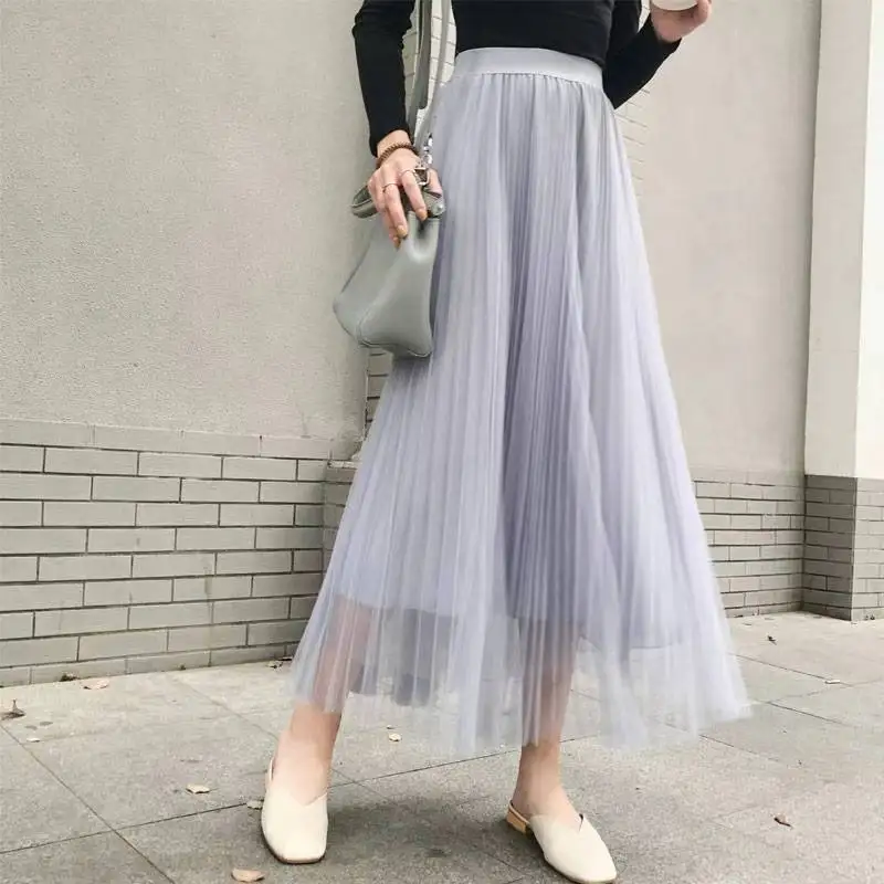 Gonna in Tulle Vintage donna Streetwear gonne A pieghe in rete elastica A vita alta estate elegante gonna da donna coreana A Line Office novità