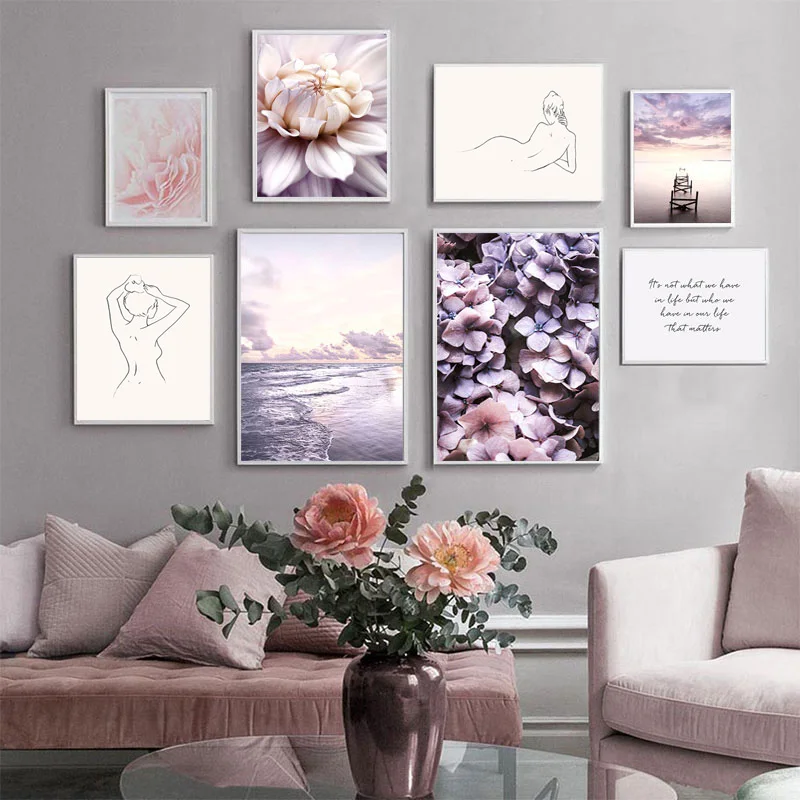 Purple Dahlia Reed Wall Art Simple Line Sexy Girl Landscape Canvas Painting Nordic Posters Print Flower Pictures Room Wall Decor