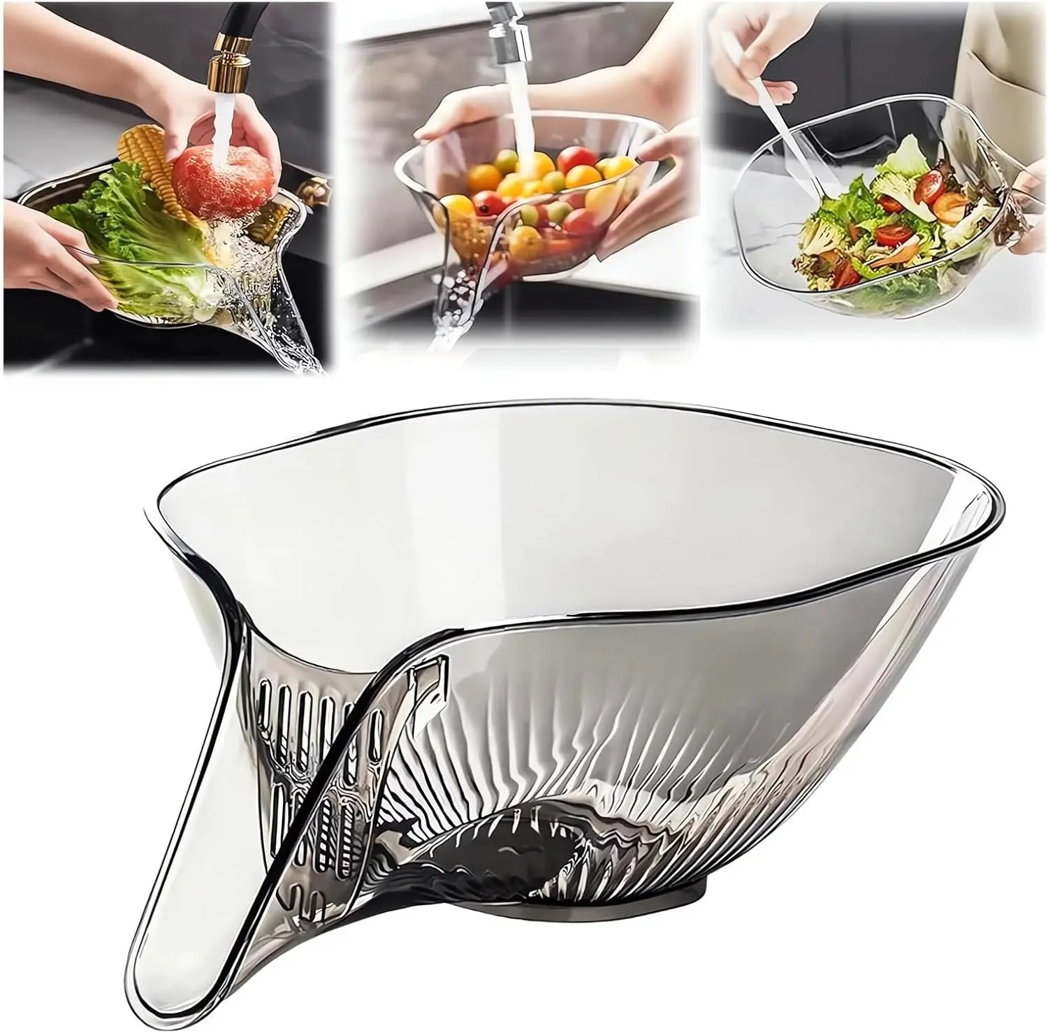Fruit Cleaning Bowl With Strainer Container Multi-functional Drain Basket, Wet/Dry Separation Sink Colander With No-Slip Design - view 2