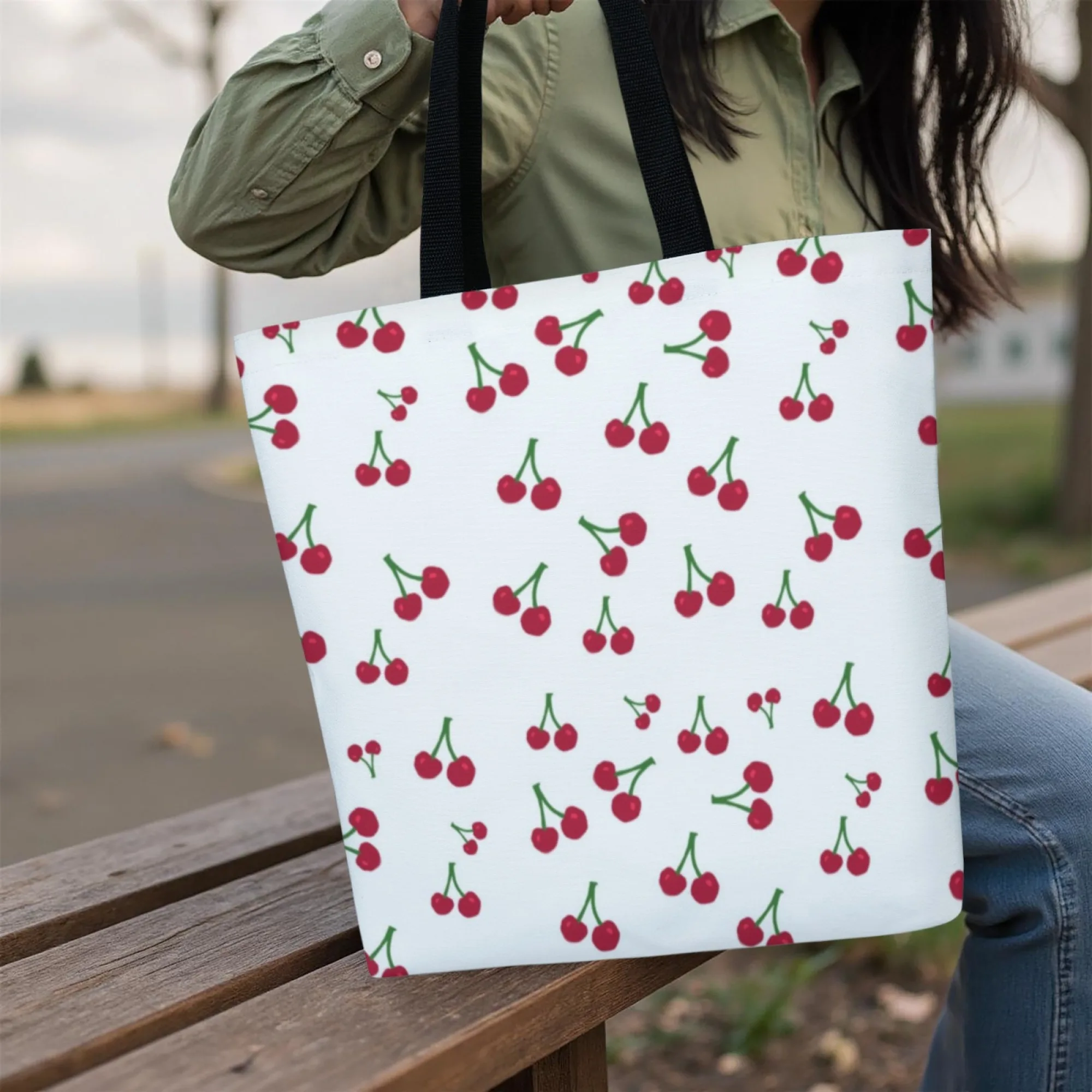 Vibrant Cherry Canvas Women Tote Bag White Fruit Design Eco-Friendly Suitable for Summer Markets Fruit Picking & Weekend Trips