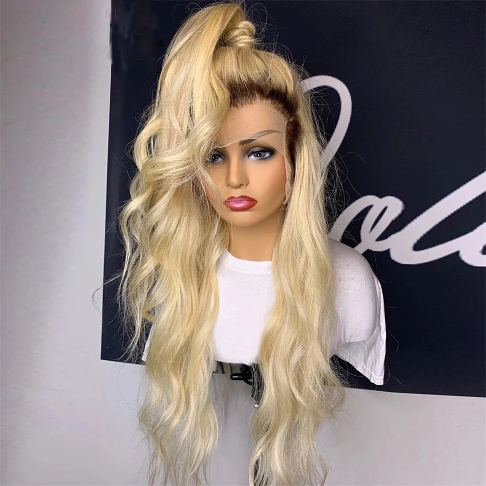 Мягкий 26-дюймовый Ombre 613 Блондинка Объемная волна 180 Плотность Длинный бесклеевой парик фронта шнурка для чернокожих женщин с волосами ребенка Предварительно выщипанные Ежедневно